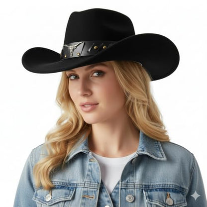 Western Cowboy Hat for Men Women Classic Fedora Cowgirl Hats Buckle Belt - color: Bull-head Cowboy Hat