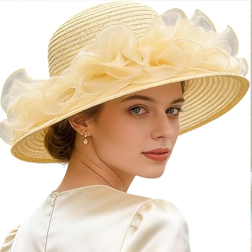 Organza Kentucky Fascinator Hat for Women - Derby Cocktail Tea Party Sun Hat Wedding Bridal Flower Church Hat Packable - color: Yellow