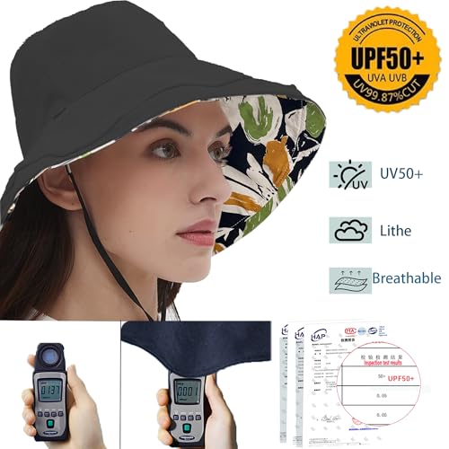 vidsel Womens Sun Hats Wide Brim Reversible Bucket Cotton Hat with Hat Clip - color: Black2, size: Medium