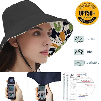 vidsel Womens Sun Hats Wide Brim Reversible Bucket Cotton Hat with Hat Clip - color: Black2, size: Medium