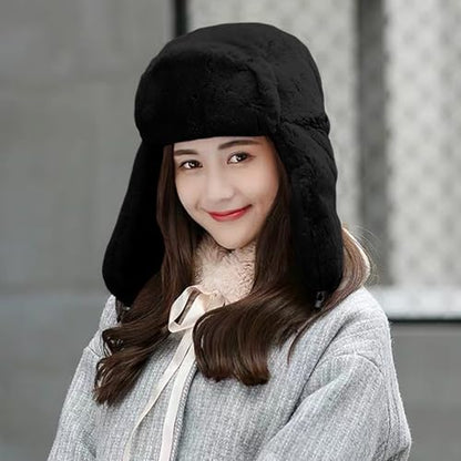 Womens Faux Fur Fuzzy Trapper Hat Winter Ear Flap Trooper Aviator Hat - color: Black