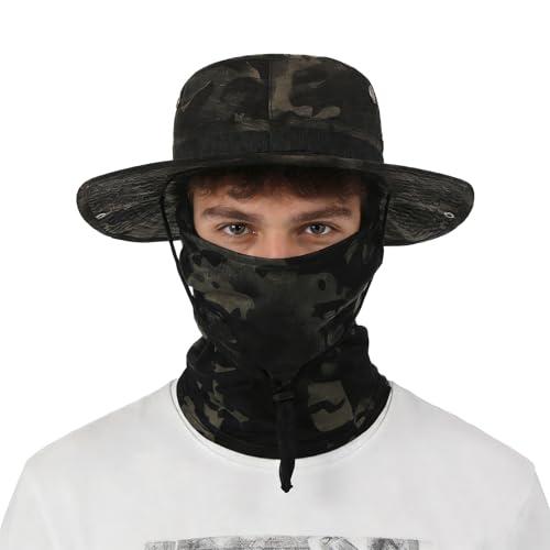 Boonie Hat with Balaclava Face Mask - UV Protection Wide Brim Sun Hat, Adjustable & Foldable for Hunting Fishing Outdoor - color: American Black
