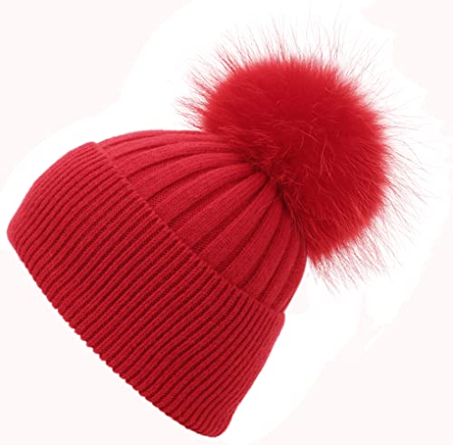 Women Real Fur Pom Pom Winter Ribbed Cuffed Knit Beanie Hat - color: Rc Red