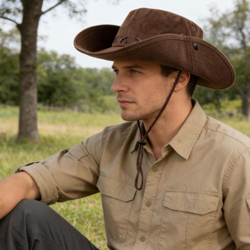 Western Men Safari Sun Hat Sun Protection Fishing Hats Hiking Country Hat for Women Snap Up Cowboy 2 Ways to Wear - color: Brown-sh