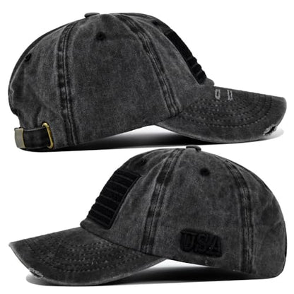 YuMENo American Flag Baseball Cap for Men Women Adjustable Distressed Embroidered USA Dad Hat - color: Washed Grey
