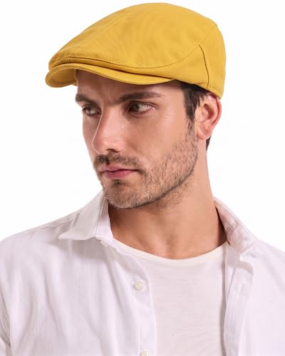 ZLYC Men Summer Flat Cap Scally Ivy Gatsby Newsboy Beret Driver Hat - color: Solid Yellow