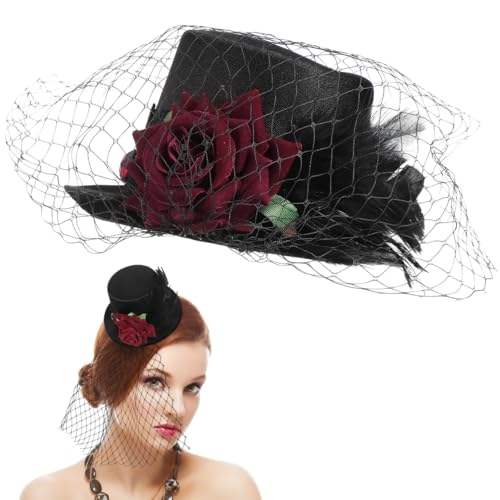 BESPORTBLE Victorian Mini Top Hat - Classic Black Hat Hair Clip with Red Rose and Veil - Elegant Fascinator for Cocktail Tea Party Women's Accessories