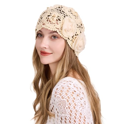 ZLYC Women Cotton Crochet Slouchy Beanie Hat Handmade Knit Summer Skull Cap - color: Decorative Flowers Beige