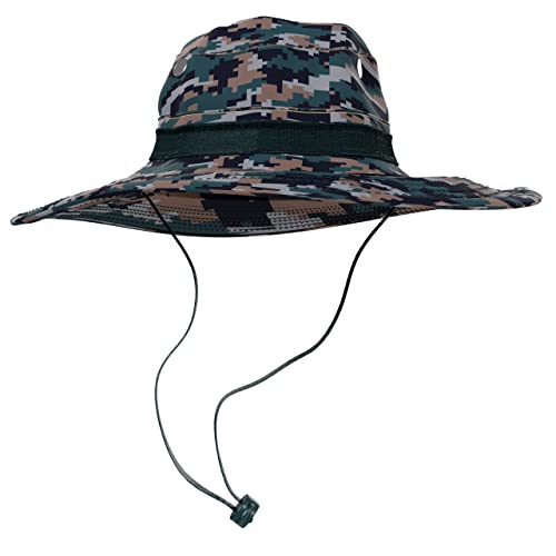 BaHoki Essentials Military Style Bucket Hat - Camo Outdoor Hat with Adjustable Strap - Wide Brim Safari Hat - style: Digital Woodland