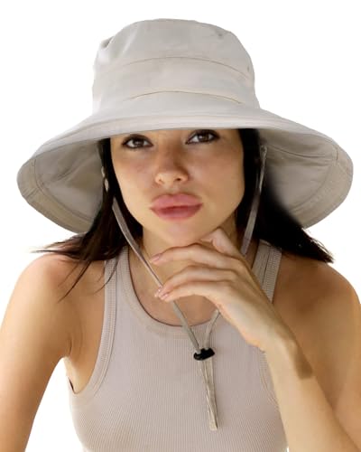 Hatiis Womens Sun Hat with Ponytail Hole Cotton Shapeable Wide Brim - color: Beige