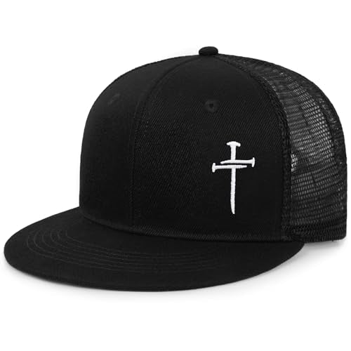 Christian Hats for Men Women - Cross Faith Flat Snapcback Hats - Religious Gifts for Thanksgiving Christmas - color: Black Mesh/White Cross