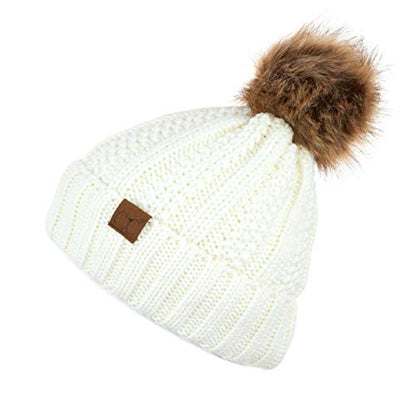 C.C Exclusives Fuzzy Lined Knit Fur Pom Beanie Hat (YJ-820) - color: Ivory