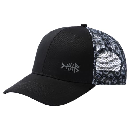 BASSDASH Printed Mesh Trucker Hat for Men Women Adjustable Baseball Cap Fishing Camping Outdoors Sporting Hat with Snap FH20 - color: Black/Leopard Dots, style: Regular
