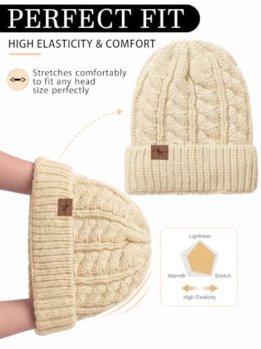 Winter Hats for Women Cable Knit Chunky Skull Cap Fleece Lined Thick Fold Cuff Beanie hat - color: Oatmeal, style: Cross Jacquard