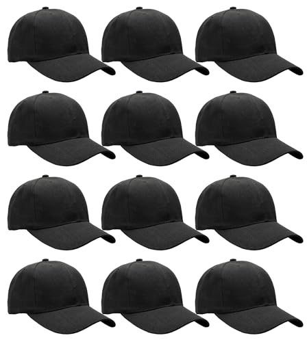 Falari Wholesale Bulk Lot 12-Pack Baseball Cap Adjustable Size Plain Blank Solid Color - color: Black