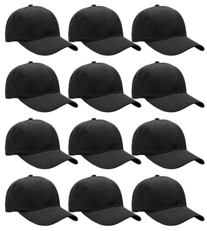 Falari Wholesale Bulk Lot 12-Pack Baseball Cap Adjustable Size Plain Blank Solid Color - color: Black