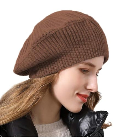 Cashmere Berets Hats Women Winter Warm Merino Wool Knitted Oversized Beige Beanie - color: Coffer