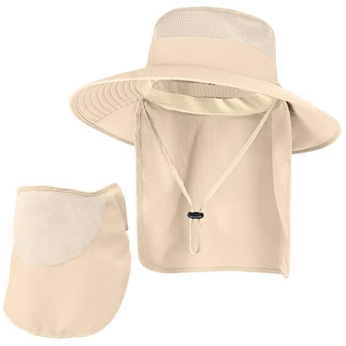 ZOORON Sun Hats for Men Women with Neck Flap Fishing UPF 50+ UV Protection - color: Beige (With Face Cover)