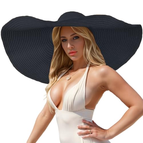 Oversized Beach Hat Women, Extra Wide Brim Foldable Straw Floppy Sun Hat - color: Black