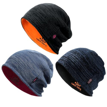 3 Pack Reversible Fleece Lined Beanie Hats for Men Women Winter Knit Hats - color: Black+blue Grey+blue