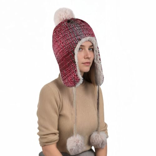 Women Winter Pompom Beanie Hat Fleece Lined Earflap Snow Ski Cap Sherpa Crochet Ushanka Skull Cap Outdoors Ear Cover - color: Red