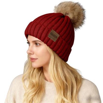 ZOORON Womens Winter Knitted Beanie Hat with Faux Fur Pom Beanie Warm Knit Skull Cap Beanie for Women - color: 1wine Red