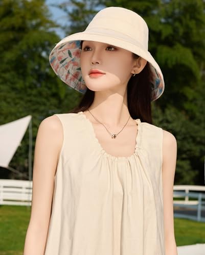 HUAMULAN Women Wide Brim Reversible Sun Hat Summer Beach Fishing Bucket - color: Beige Floral