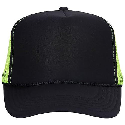 Ashen Fane Polyester Foam Front 5 Panel High Crown Mesh Back Trucker Hat - color: Blk/Blk/N.ylw Ver.2