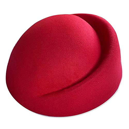 YING LAN Women Wool Cap Stewardess Pillbox Hat Fascinator Base - color: Red