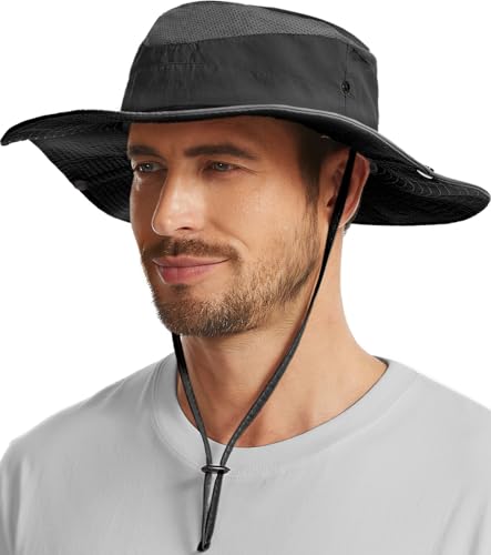 Wide Brim Sun Hat for Men Women, UPF 50+ Waterproof Packable Bucket Boonie Safari Fishing Hat - color: Black