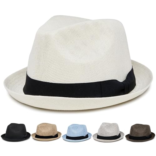 Funky Junque Men's Panama Porkpie Fedora, Linen Summer Beach Hat - color: Ivory, size: Small-Medium