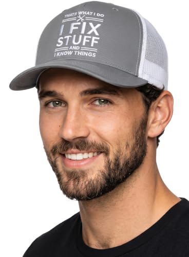 Funky Junque Vintage Trucker Hat, Embroidered American Flag Cap - color: I Fix Stuff - Grey