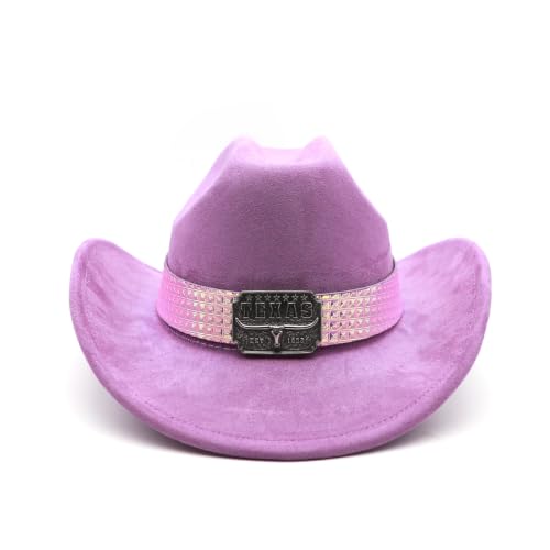 Western Cowboy Hat for Men Cowgirl Hat for Women Wide Brim Felt Fedora Hats Classic Cowboyhat with Buckle Belt - color: Purple