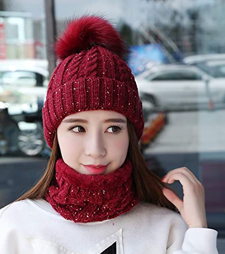 IYEBRAO Womens Winter Knit Beanie Hat and Scarf Set Girls Cute Slouchy Thick Fleece Lined Ski Hat Warm Skull Cap with Pom - color: Wine Red
