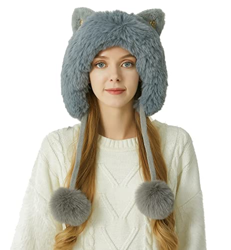 HUAMULAN Women Winter Sherpa Knit Beanie Hat Fleece Lined Ear Flaps - color: Grey Solid