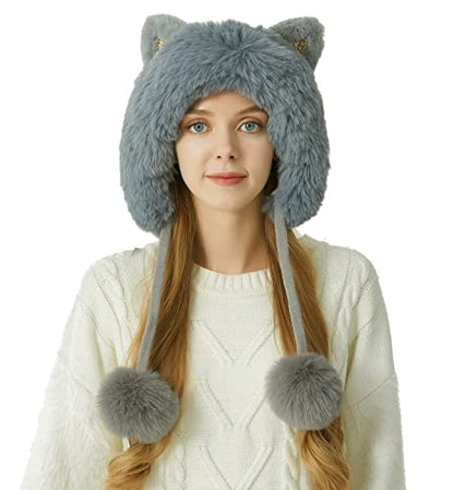 HUAMULAN Women Winter Sherpa Knit Beanie Hat Fleece Lined Ear Flaps - color: Grey Solid