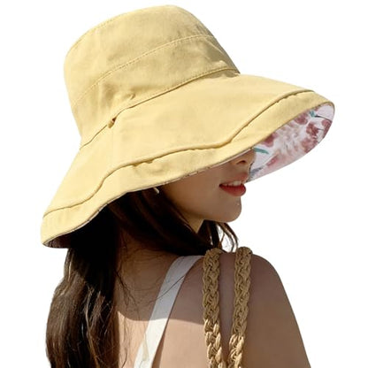 HUAMULAN Women Wide Brim Reversible Sun Hat Summer Beach Fishing Bucket - color: Yellow Floral