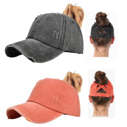 2 Packs Womens Criss‑Cross High Ponytail Trucker Hat, Cotton Vintage Washed Distressed Adjustable Baseball Cap - color: 2pcs 05