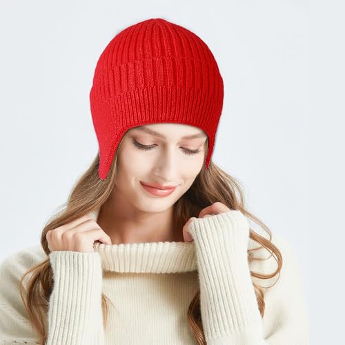 Heniho 2pcs Winter Beanies with Ear Flaps for Men Women, Warm Knit Earflaps Cap Thick Hats - color: F- Black, Red
