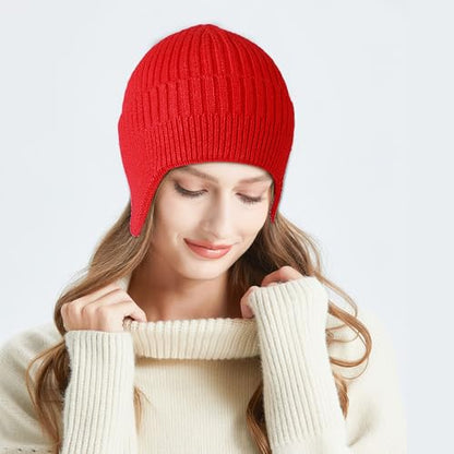 Heniho 2pcs Winter Beanies with Ear Flaps for Men Women, Warm Knit Earflaps Cap Thick Hats - color: F- Black, Red