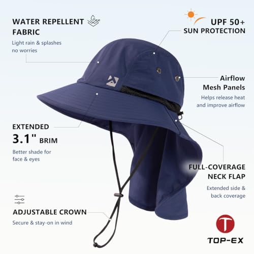 TOP-EX Oversized UPF50+ Sun Hat for Big Heads with Neck Flap & Wide Brim - color: Navy, size: Large-X-Large