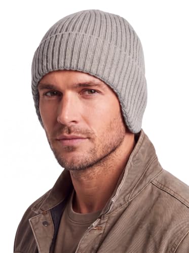 Home Prefer Fleece Lined Rib Knit Cuffed Beanie with Earflaps for Men Women - color: Light Grey