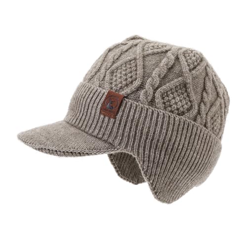 Winter Beanie with Brim Thick Fleece Knit Hat Short Brim Newsboy Hats Warm Earflaps Slouchy Skull Ski Caps - color: Mg-hem25107-khaki