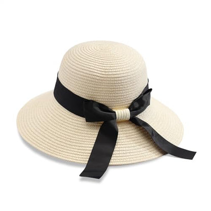 MILAKOO Straw Mesh Buckle Hat Ribbon Bow Cap Strap Foldable Roll Up Cap Sun Protection Hat for Travel - color: 01 Ivory