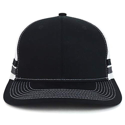 Trendy Apparel Shop Two Striped Flatbill Snapback Trucker Mesh Cap - color: Black Grey Steel