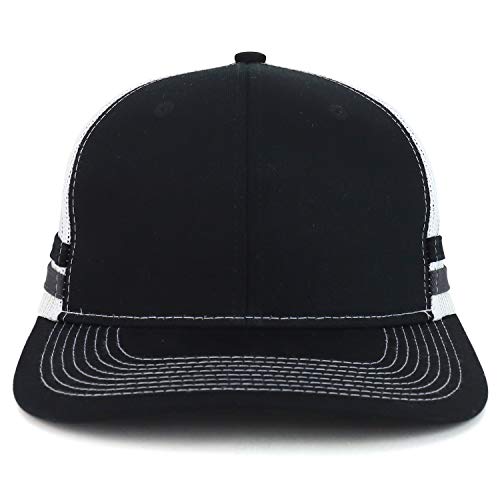 Trendy Apparel Shop Two Striped Flatbill Snapback Trucker Mesh Cap - color: Black Grey Steel