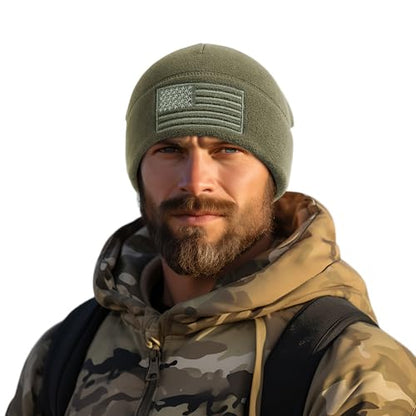 OUTDOOR SHAPING American Flag Fleece Beanie with Embroidered Patch Hat - color: Black+army Olive