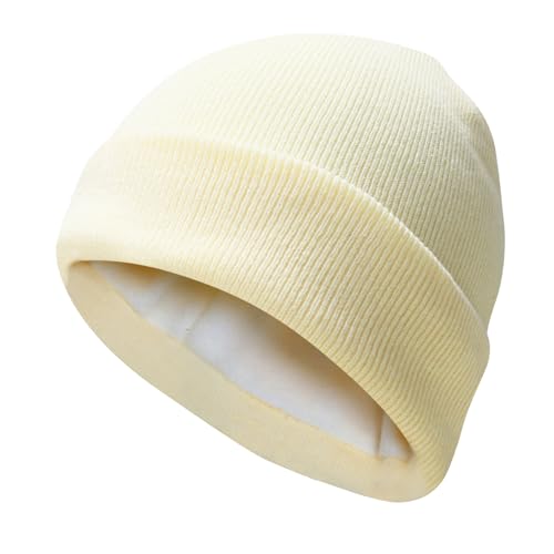 PFFY Beanie for Men Women Unisex Knit Cuffed Winter Thick Lined Beanies Hat - color: Pure Beige