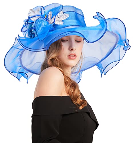 ORIDOOR Women Organza Fascinator Church Derby Hat Floral Tea Party Wedding Hat - color: 013f Blue