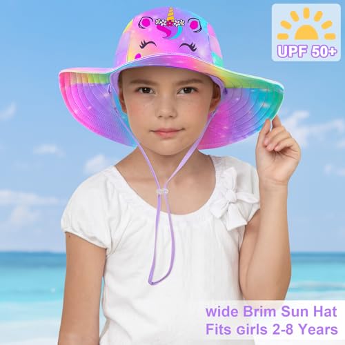 ICOSY Sun Hat for Kids Girls, UPF 50+ Wide Brim Beach Hat for Toddler - color: Rainbow Unicorn